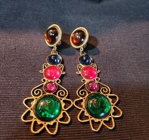 Vibrant Gold Dangle Earrings with Multicolor Accents